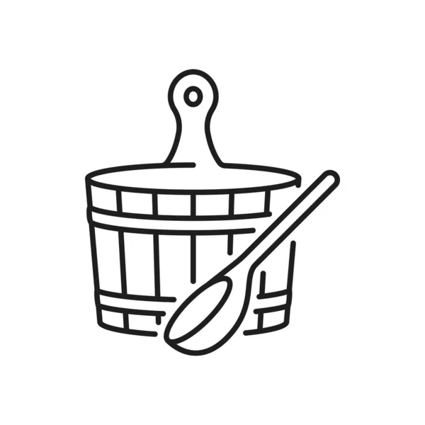 Sauna Wooden Bucket Ladle Isolated Outline Icon Vector Bathing Accessories — Stock Vector