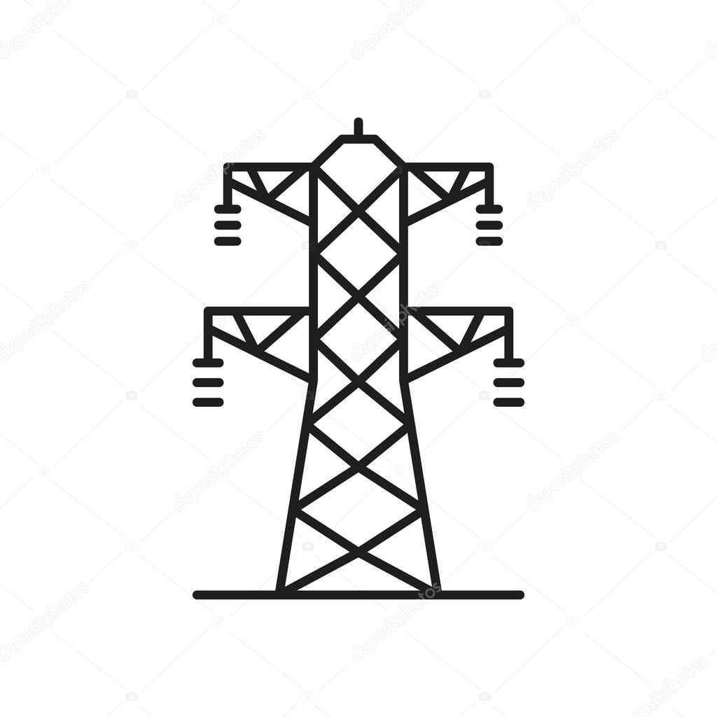 Lattice tower and overhead power line isolated thin line icon. Vector two phase transmission towers power lines outline sign. Electricity pylon structure, steel lattice tower to support power line