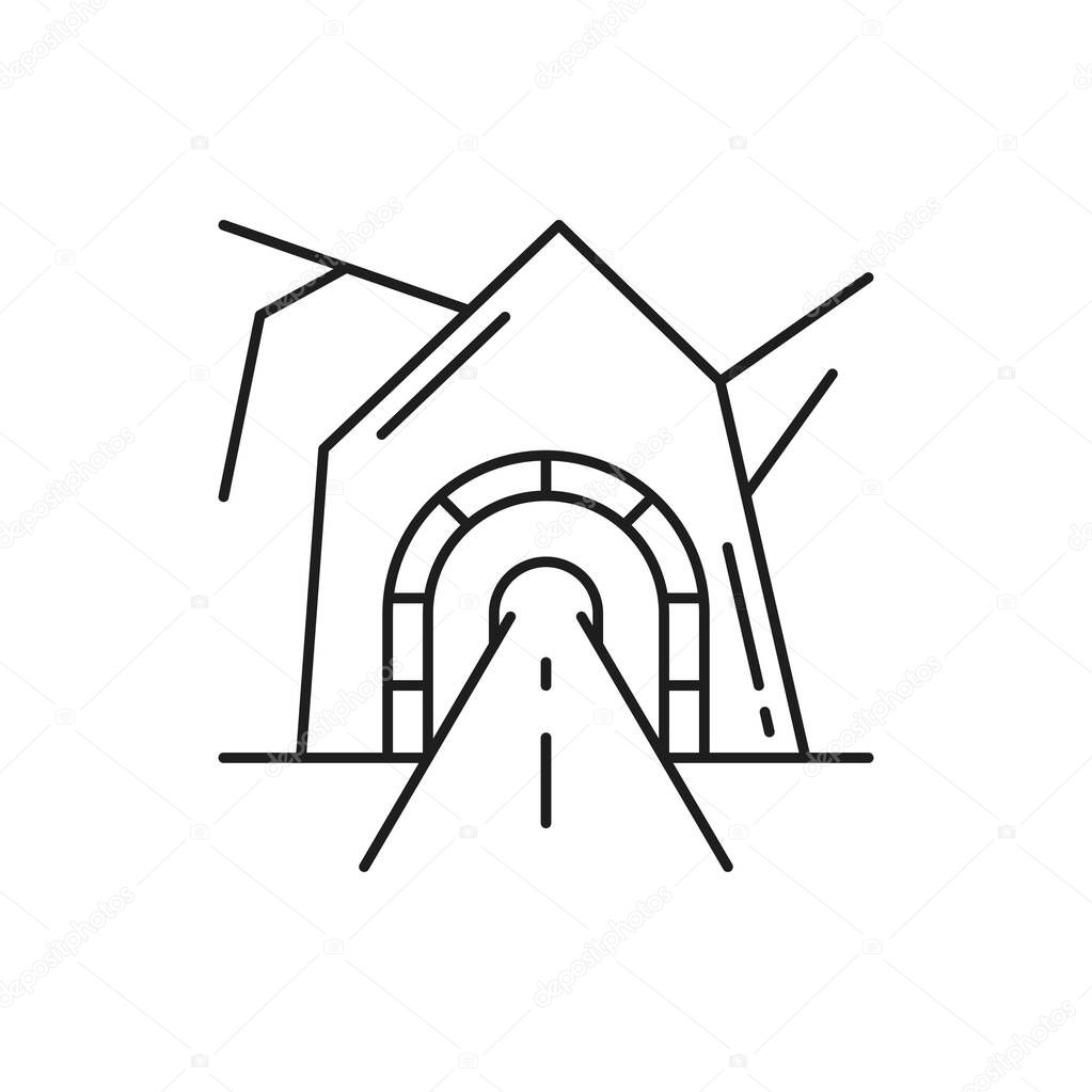 Tunnel with brick wall in Alps Swiss or Switzerland mountains isolated thin line icon. Vector road tunnel,entrance to underground, automobile arched tunnel in mount architecture construction