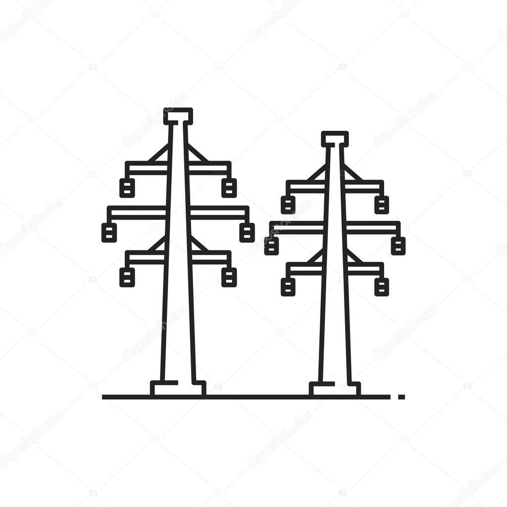 Structures, lattice tower and overhead power line isolated outline icon. Vector electricity pylon structure, steel lattice tower to support power line. Three-phase transmission towers powerlines