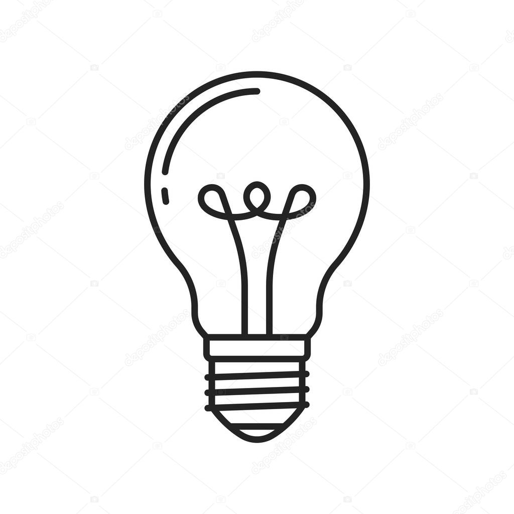 Common transparent lamp, thin line light bulb isolated icon. Vector tungsten lightbulb, incandescent lamp bulb device, incandescent light globe. Lighting equipment, symbol of innovation, new idea
