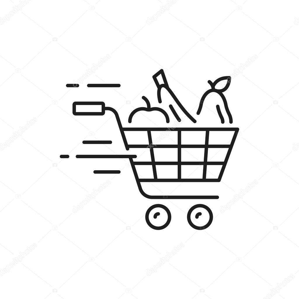 Shopping trolley push cart with grocery products, fast online order and delivery isolated outline icon. Vector retail basket, buyers bag linear sign. Online deliver shoppingcart pushcart with food