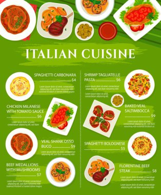 İtalyan mutfağı ve makarna menüsü, İtalyan restoranı geleneksel yemekler ve ulusal yemekler, vektör. İtalyan yemeği spagetti Carbonara, bolonez ve karidesli tagliatelle makarna, dana eti bifteği.