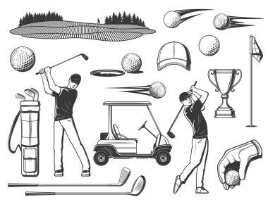 Golf sopası olan bir golfçü. Golf oyunu spor ekipmanları, kurs ve oyuncuların tek renk vektör simgeleri ayarlandı. Golf arabası, uçan top, demir ve çim kulüpleri, şapka, kazanan kadehler ve bayrak direği.