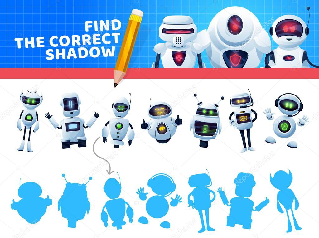 Find a correct robot shadow. Kids game or puzzle vector template of education memory riddle, maze or test with matching pair task, connect cartoon robots, bots and artificial intelligence droids