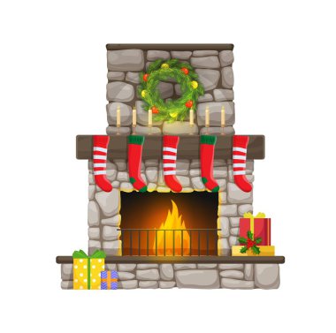 Taş Noel şöminesi, şömine ve baca, vektör Xmas hediyeler, çoraplar ve mumlar, hediye kutular, Noel ağacı çelengi ve toplar. Xmas kış tatili ev dekorasyonu ve iç tasarım