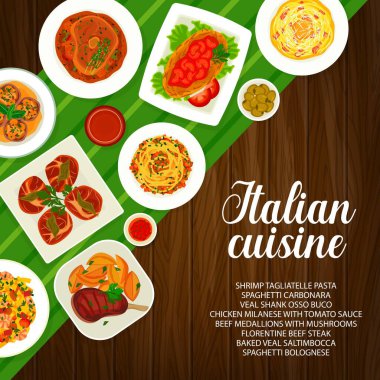 İtalyan mutfağı ve İtalyan restoranının makarna menüsü. İtalyan mutfağı domates peyniri ve et, spagetti, İtalyan kafe masası arka planı, geleneksel yemek, akşam yemeği ve öğle yemeği.