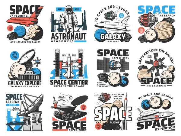 Space Exploring Expeditie Galaxy Onderzoek Retro Iconen Radiotelescopen Astronauten Shuttle — Stockvector