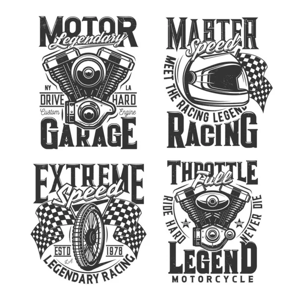 レーシングスポーツやガレージのTシャツのプリント モータースポーツレーシングチーム モトクロスクラブやカスタムバイクの復元と修理ガレージステーションのアパレルカスタムデザインエンジン レーサーヘルメットとレトロベクトルプリント — ストックベクタ