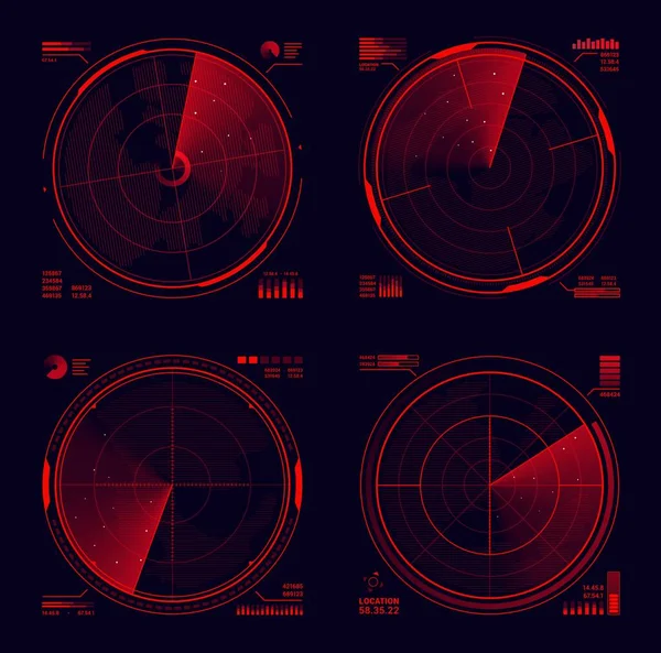 Pantalla Radar Militar Hud Sonar Detección Objetivos Diseño Gui Sistema — Vector de stock