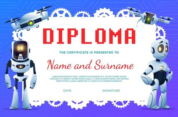 Diploma Niños Con Robots Dibujos Animados Drones Certificado Vectorial Educación — Archivo Imágenes Vectoriales