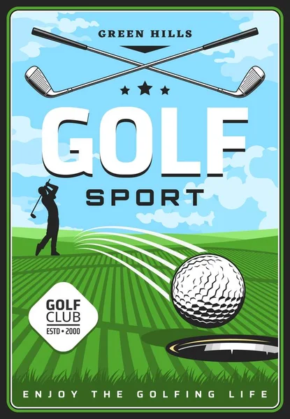 Golfplatz Mit Golfer Und Schläger Retro Poster Vector Golfspieler Schlägt — Stockvektor