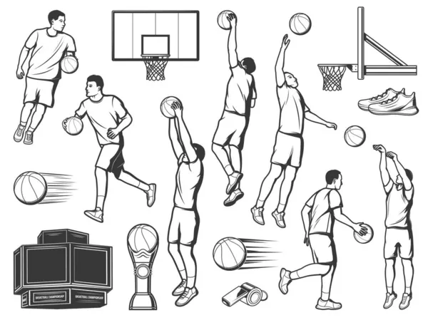 Giocatori Basket Che Lanciano Palle Icone Vettoriali Nette Gli Sportivi — Vettoriale Stock