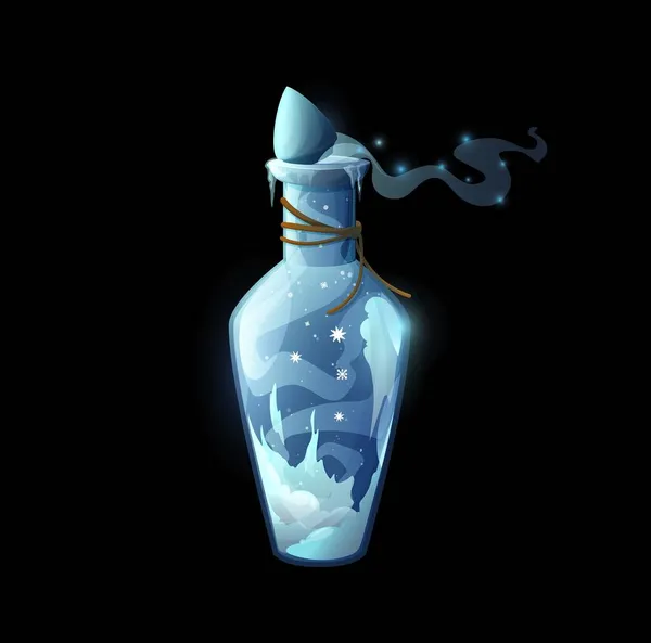 氷と霜 雪の結晶とガラスフラスコに詰まったベクトル魔法の呪文やエリキシルとポーションボトル 魔法ゲームの漫画のデザイン要素 魔女凍結毒錬金術Uiオブジェクト — ストックベクタ