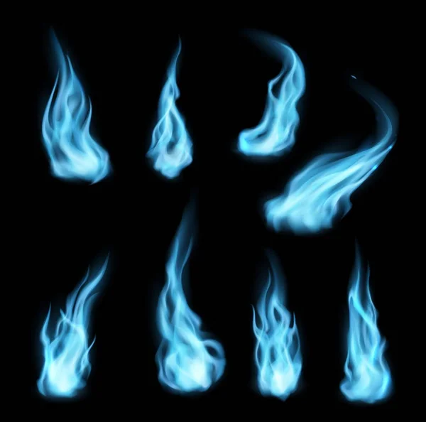 Gaz Naturel Feu Bleu Longs Sentiers Isolés Ensemble Flammes Vectorielles — Image vectorielle