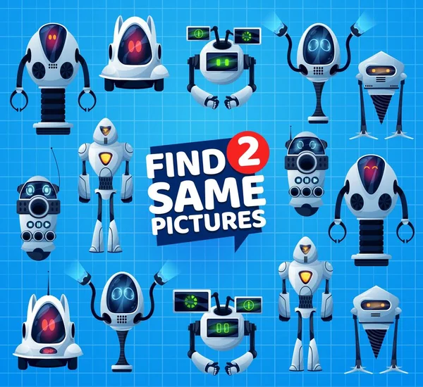 同じロボットの子供の迷路ゲームを2つ見つける ベクトル教育パズル 漫画ロボット アンドロイドボット ドローン 人工知能サイバーとの一致謎や注意テスト — ストックベクタ