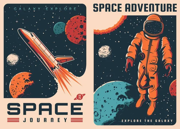Rymdskepp Och Astronaut Yttre Rymden Retro Affischer Vektor Vintage Kort — Stock vektor