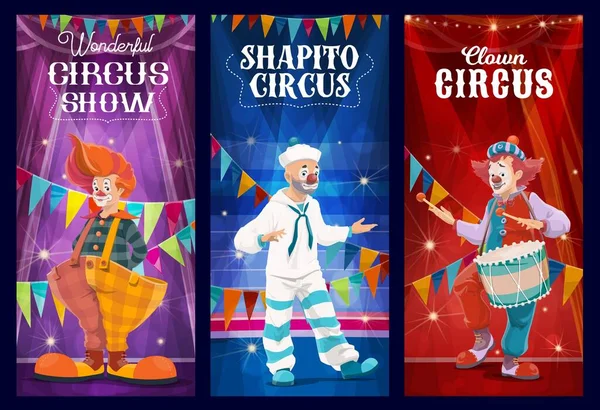 Shapito Circus Matroos Clown Nar Harlekijn Stripfiguren Carnaval Show Vector — Stockvector