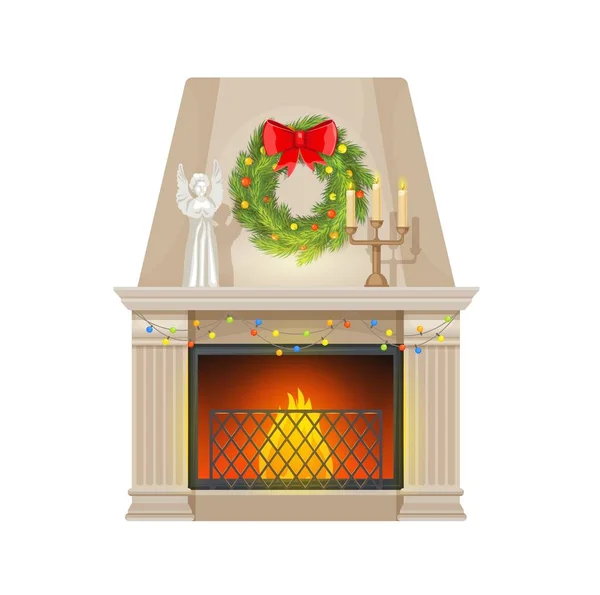 Χριστουγεννιάτικο Τζάκι Vector Pilasters Τζάκι Και Καμινάδα Διακοσμημένο Στεφάνι Χριστουγεννιάτικου — Διανυσματικό Αρχείο