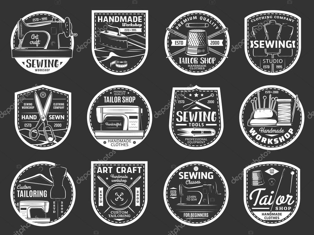 Sewing and tailor retro icons. Custom handmade clothing workshop, sewing tools shop or tailoring atelier monochrome vector emblems, vintage round and shield badges with sewing equipment and tools