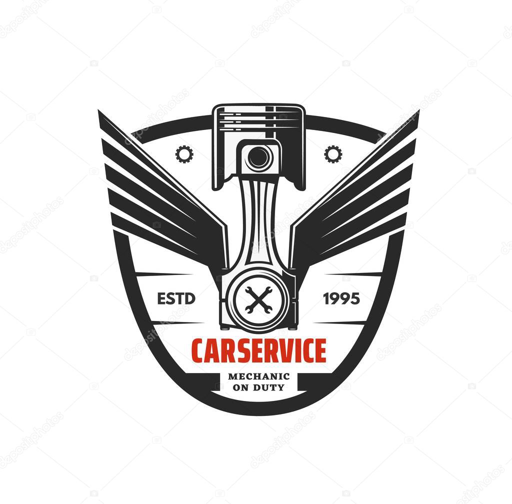 Car service icon with engine winged piston. Vehicle repair garage station, mechanic workshop or automobile maintenance service monochrome vector badge, retro vector emblem with car engine spare part