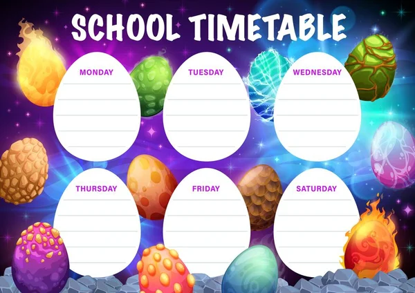 Rozvrh Školy Fantastickými Dinosauřími Vejci Kalendář Vektorových Týdnů Školní Studenti — Stockový vektor