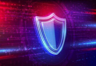 Siber güvenlik teknolojisi. Bulut depolama ve kalkan veya koruyucu ekran, programcı ve ikili kodlu büyük veri koruma vektörü. Güvenlik duvarı, internet antivirüs savunması, hesap gizliliği