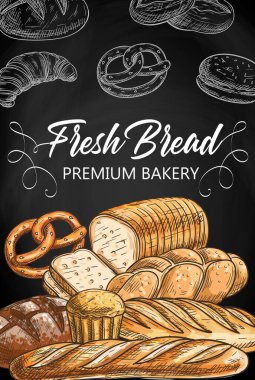 Kara tahta çizim vektöründe ekmek ve hamur işi yiyecekler. Ekmek ve ekmek, kalamar ya da brioche somun, buğday, çavdar ve peynir, simit ve hamburger çöreği, taze kruvasan. Pastane afişi ya da poster