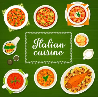 İtalyan mutfağı vektörü Milano kremalı çorba, balık Sicilyalı ve sebze çorbası veya domates çorbası. Yumurta florentine, ditalini makarna ile mercimek çorbası, sebze salatası caponata İtalya yemek posterleri ya da kapak resmi