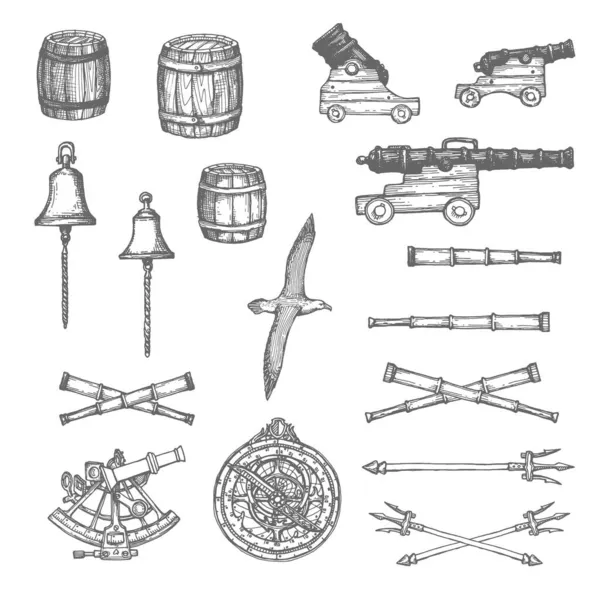 Cannon Barrel Spyglass Bell Trident Astrolabe Sextant Sketch Medieval Sailing — Stock Vector