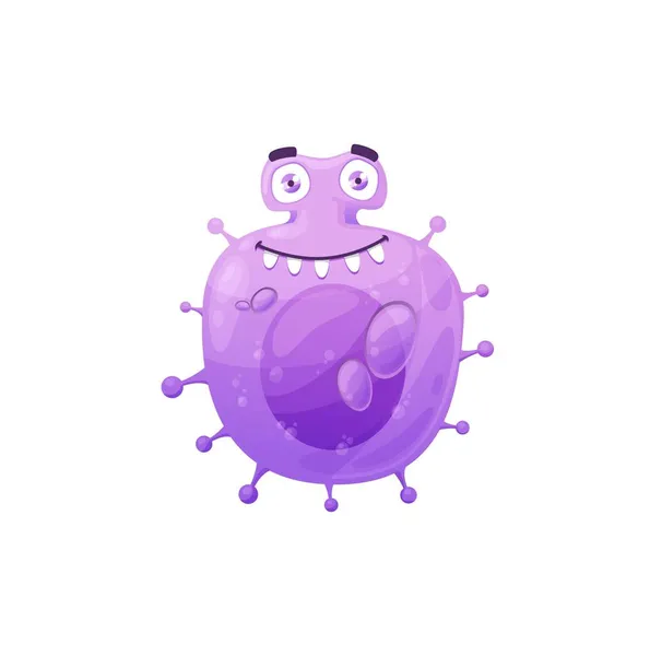 Cartoon Virus Cell Vector Icon Cute Purple Bacteria Happy Laughing — Stock Vector