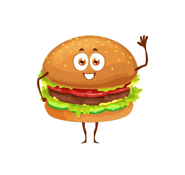 Cartoon Grappige Fast Food Hamburger Karakter Vector Fastfood Mascotte Happy — Stockvector