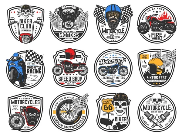 Cráneo Motocicleta Motociclista Iconos Vectores Casco Automovilismo Club Motociclistas Garaje — Vector de stock