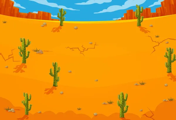 卡通墨西哥沙漠游戏背景与仙人掌 高山或峡谷悬崖 云在天空 裂缝在干土和岩石 西方游戏环境 墨西哥或得克萨斯州的自然背景 — 图库矢量图片