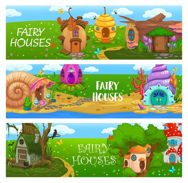 Cartoon Fairy Houses Dwelling Vector Banners Gnome Homes Kids Fairy — Stock Vector