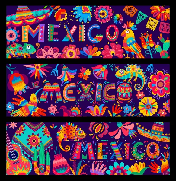 Tecknad Mexikansk Semester Musik Och Kultur Vektor Banderoller Med Sombrero — Stock vektor