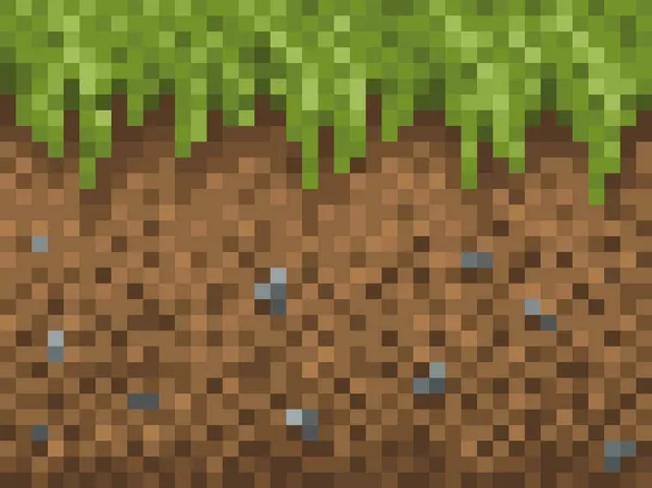 Pixel Grass Ground Stone Blocks Pattern Cubic Pixel Game Background — Stock Vector