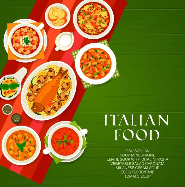 Sopa Lentejas Vectores Cocina Italiana Con Pasta Ditalini Ensalada Verduras — Archivo Imágenes Vectoriales