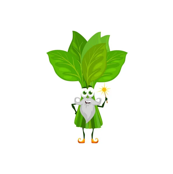 Cartoon Green Spinach Wizard Character Magician Vegetable Magic Wand Vector — Stock Vector