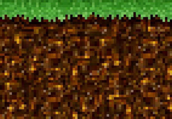 Cubic Pixel Game Golden Ore Grass Ground Blocks Pattern Precious — Stock Vector