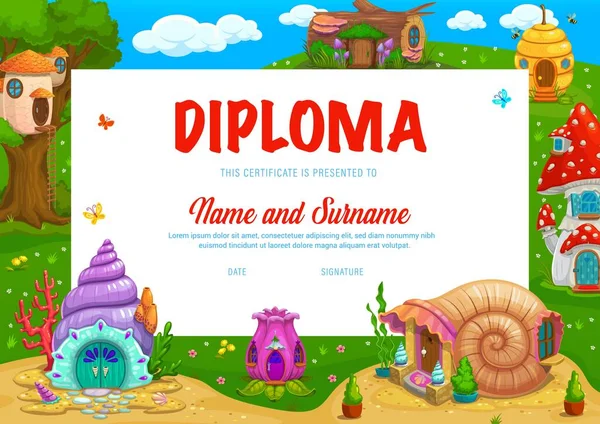 Diploma Crianças Com Cogumelo Dos Desenhos Animados Flor Colmeia Concha —  Vetores de Stock