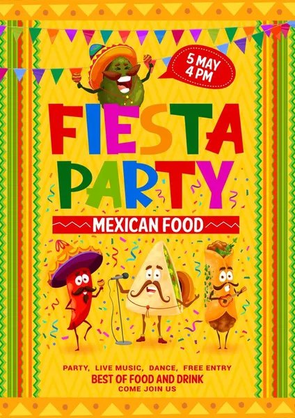 Mexický Fiesta Party Leták Kreslený Avokádo Jalapeno Quesadilla Burrito Hudebník — Stockový vektor