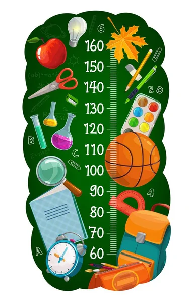 Cartoon Schulpapier Auf Kinderhöhentabelle Kinder Wachstumsmaßstab Kinderhöhenmesser Mit Rucksack Mäppchen — Stockvektor