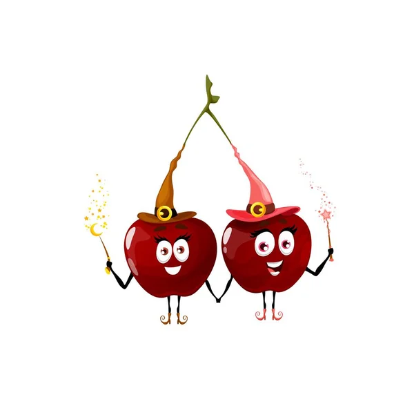 Fairy Cherry Twins Wizard Berry Sorcerer Fruits Cartoon Character Vector — Stock Vector