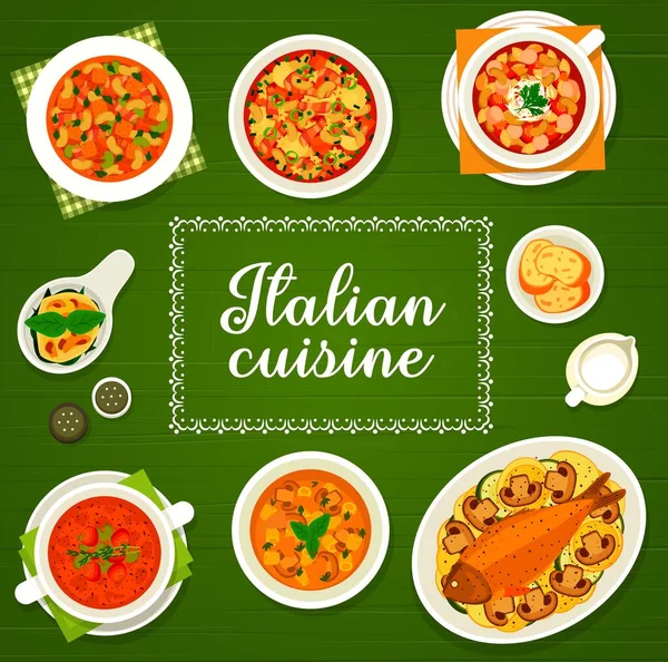 Italiaanse Keuken Vector Milanese Room Soep Vis Sicilian Minestrone Tomaat — Stockvector