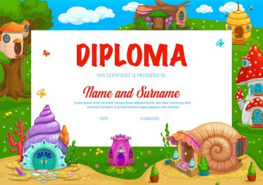 Karikatür mantarlı çocuk diploması, çiçek ve arı kovanı, vektör deniz kabuğu ve kütük şeklinde konutlar. Gnome ya da ağaç kütüğü ve su altı kabuklarından oluşan cüce evlerle sertifika ya da okul diploması ödülü