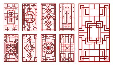 Asyalı pencere ve kapı süsleri. Korece, Çince ve Japonca. Oriental vintage vektör duvarı veya iç dekorasyonlar sonsuz düğüm ya da ızgara, çiçek ve çizgi dikdörtgen süslemeleri ile