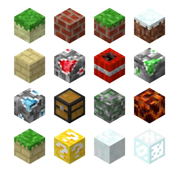 Pixel Game Blocks Grass Stone Lucky Granite Chest Brick Marble — Stock Vector