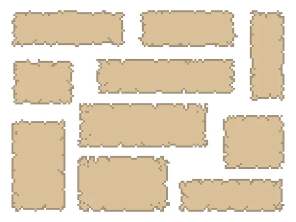 ピクセルゲームヴィンテージリボンとスクロール 古代の写本 ベクトルの羊皮紙のバナー 宝の地図セットまたは紙の破れた側面を持つアンティークの文字の8ビットのコンソールまたはアーケードゲームデザイン資産 — ストックベクタ