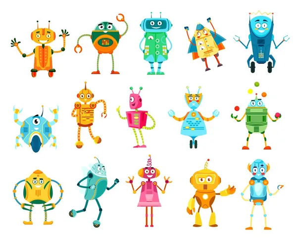 Robôs Desenhos Animados Personagens Dróides Ciborgues Vetoriais Com Rostos Amigáveis — Vetor de Stock